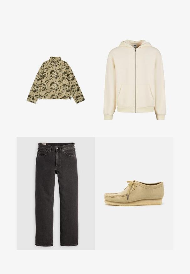 Zeleno-bež károvaná fleecová bunda s vysokým golierom, zipsom a bočnými vreckami. Obsahuje textúrovaný, mäkký povrch.; Krémová mikina na zips vyrobená z mäkkej látky, s podšitým kapucňou, prednými vreckami a rebrovanými manžetami a spodkom pre tesný fit.; Biela bavlnená tričko s krátkymi rukávmi, okrúhlym výstrihom, uvoľneným strihom a žiadnymi viditeľnými logami alebo vzormi. Hladká textúra a minimálny dizajn.; Čierne denimové džínsy so strižou rovného strihu, piatimi vreckami a kovovým hardvérom. Tkanina má jemnú textúru a jednofarebný povrch.; Bežové semišové topánky s dizajnom na šnurovanie, prešívaním a gumovou podrážkou. Tvar je neformálny s mierne vyvýšeným opätkom.