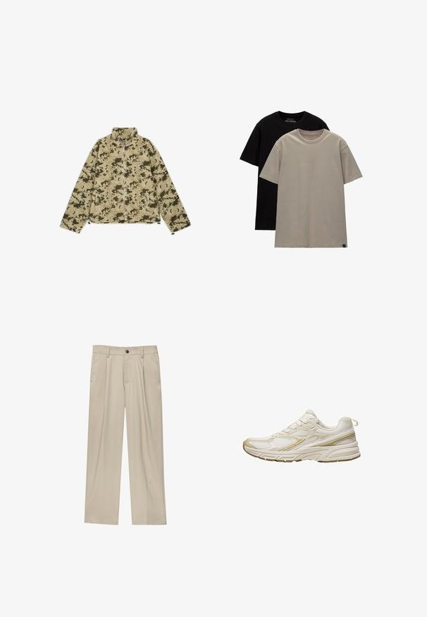 Vihreä ja beige naamiointikuvioinen fleece-takki, jossa on korkea kaulus, vetoketjukiinnitys ja sivutaskut. Ominaisuuksiin kuuluu teksturoitu, pehmeä pinta.; Kaks t-paita; yksi musta, yksi vaaleanbeige. Normaali istuvuus, pyöreä kaula-aukko, pehmeää puuvillakangasta. Yksinkertainen muotoilu, ei kuvioita.; Beige-housut suoran leikkauksen omaavina, joissa on yksi musta nappi, vyölenkit ja sivutaskut. Sileä kangas ja minimalisti muotoilu.; Valkoiset urheilukengät, jotka on valmistettu verkkokankaasta ja synteettisestä materiaalista. Kengissä on pyöristetty kärki, pehmustettu pohja ja beige korostus sivuilla.