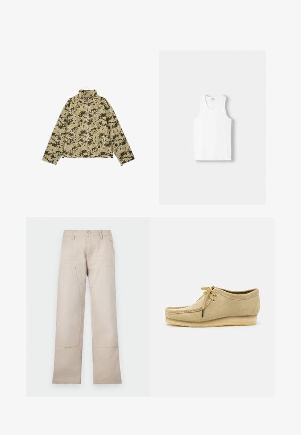 Zielona i beżowa bluza polarowa w kamuflażu z wysokim kołnierzem, zapięciem na zamek błyskawiczny i kieszeniami bocznymi. Ma teksturowaną, miękką powierzchnię.; Biały bawełniany top na ramiączkach z okrągłym dekoltem, szerokimi ramiączkami i prostym dołem, charakteryzujący się gładką teksturą i brakiem widocznych wzorów.; Beżowe bawełniane spodnie o prostym kroju, z dwoma przednimi kieszeniami i dwoma zamkami. Złote akcenty metalowe.; Beżowe zamszowe buty z sznurowaniem, przeszyciami i gumową podeszwą. Kształt jest casualowy z lekkim obcasem na poziomie.
