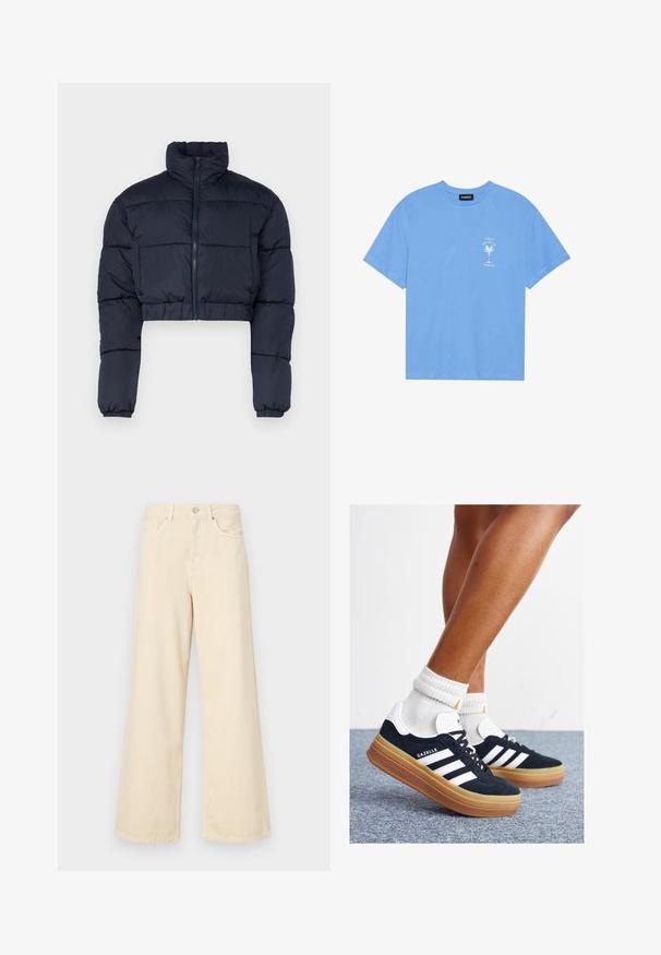 Tamsiai mėlynas trumpas pūkinis švarkas su aukšta apykakle, užtrauktuku ir elastiniais rankogaliais. Yra siuvinėti paneliai šilumos izoliacijai.; Šviesiai mėlyna medvilninė marškinėliai su apvaliu iškirpimu. Kairėje krūtinės pusėje pavaizduotas baltas palmės medžio grafikas ir tekstas. Trumpomis rankovėmis.; Bežinės plačios kojos džinsai, pagaminti iš medvilnės. Turintys sagos uždarymą, diržo kilpas ir priekinės kišenes su lygia, švelnia tekstūra.; Juodi zomšiniai sportbačiai su baltais dryžiais ir akcentais, apvalios nosies, guminio, gumos pado, derinami su baltais raitytais vidutinio ilgio kojinaitėmis.