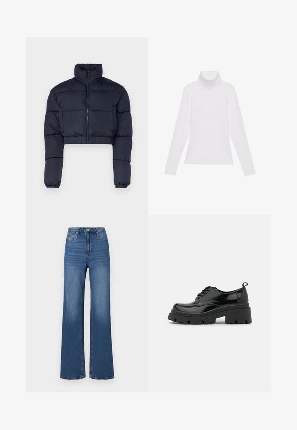 Mørk blå cropped pufferjakke med høy krage, glidelås foran og elastiske mansjetter. Har sydd paneler for isolasjon.; Hvit langermet høyhalset topp laget av glatt, elastisk stoff. Har høy krage og tettsittende design, uten synlige mønstre eller dekorasjoner.; Høyt liv, vide ben blå jeans laget av denim, med en klassisk fem-lomme design og subtile falminger langs bena.; Sorte lakk lær sko med en kraftig plattformsåle og tykke snører. Avrundet tå, minimal detaljering, og en liten hæltab bak.