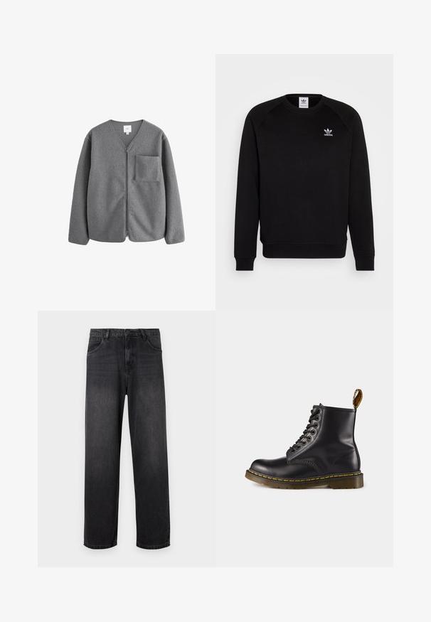 Siva flis jakna s dizajnom u obliku V, prednjim zatvaračem i džepom na prsima. Poseduje mekanu teksturu i opušteni kroj.; Crna dukserica s raglan rukavima, okruglim izrezom i rebrastim manžetama. Na prsima ima mali bijeli Adidas logo. Mekana tekstura tkanine.; Tamno sivi traperice s ravnim nogavicama, s patentnim zatvaračem, pet džepova i suptilnim izbljeđivanjima na tkanini.; Crne kožne čizme do gležnjeva s žutim šavovima, vezanje sprijeda, zaobljenim vrhom i teksturiranom gumenom petom. Sadrže petlju za vuču straga.