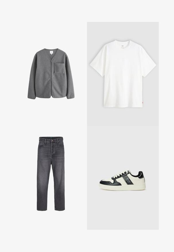 Giacca in pile grigia con design a V, zip frontale e tasca sul petto. Caratterizzata da una consistenza morbida e una vestibilità comoda.; T-shirt bianco a maniche corte in cotone con collo rotondo. Presenta un discreto dettaglio logo in rilievo sulla parte frontale e un'etichetta rossa sull'orlo.; Jeans in denim grigio scuro con design a gamba dritta, vita alta, cinque tasche e leggera sbiaditura. Chiusura con bottone in metallo e zip sul davanti.; Sneakers in pelle con una combinazione di colori nero e crema, dotati di dettagli perforati, collare imbottito e suola testurizzata.