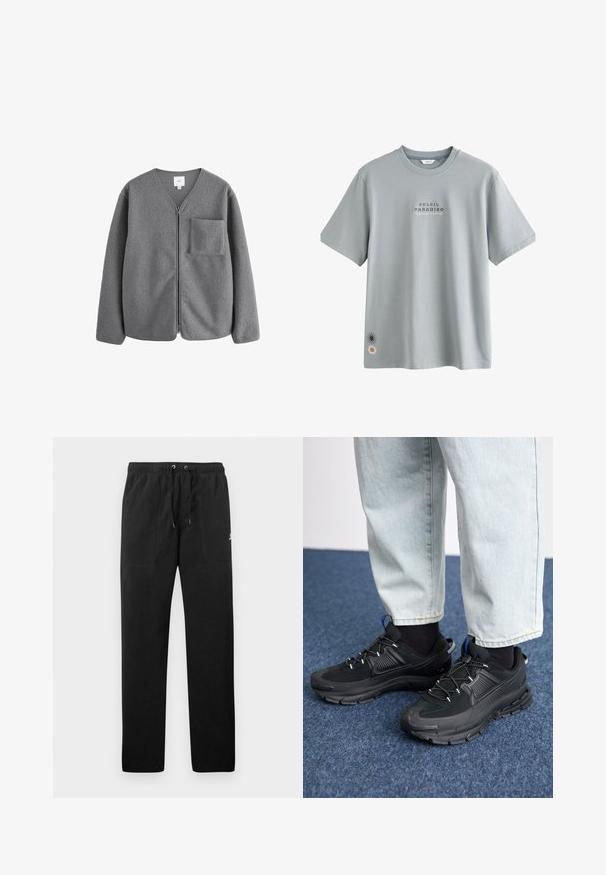 Giacca in pile grigia con design a V, zip frontale e tasca sul petto. Caratterizzata da una consistenza morbida e una vestibilità comoda.; T-shirt di cotone grigio chiaro con maniche corte, con testo "SOLEIL PARADISO TEXAS AUSTIN" e una grafica di sole e fiore sull'orlo.; Pantaloni sportivi neri in felpa, dotati di cintura elastica con cordini, due tasche anteriori e un piccolo logo sulla coscia.; Scarpe sportive nere con tessuto testurizzato e suole in gomma, dotate di lacci elastici e un accento blu sul tallone. Indossate con pantaloni in denim chiaro.