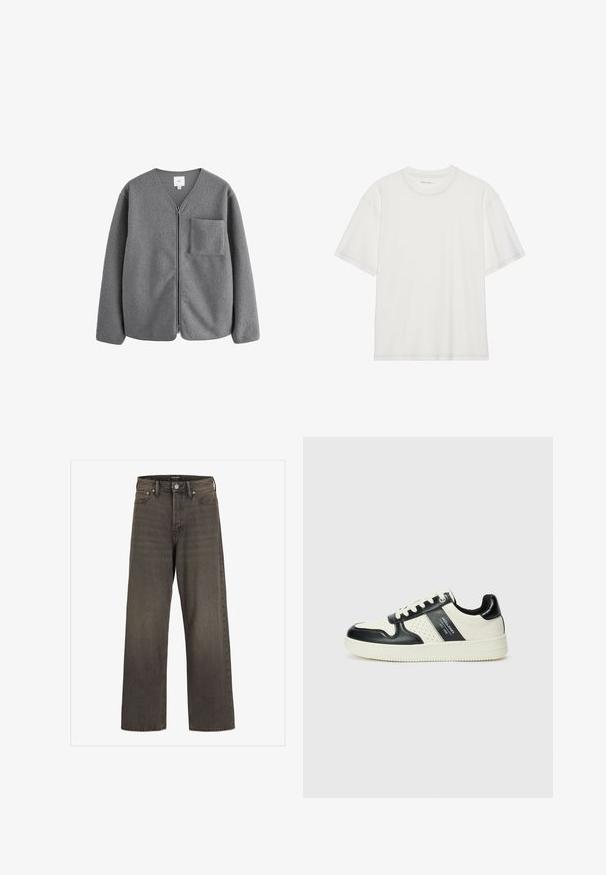 Graue Fleecejacke mit V-Ausschnitt-Design, frontalem Reißverschluss und Brusttasche. Besitzt eine weiche Textur und einen entspannten Schnitt.; Weißes Baumwoll-T-Shirt mit kurzen Ärmeln, rundem Ausschnitt und kontrastierenden Nähten entlang des Ausschnitts und der Ärmel.; Weite Jeans aus dunkelgrauem Denim mit hoher Taille, klassischem Fünf-Taschen-Design und kontrastierendem Stepp entlang der Nähte.; Leder-Sneaker in Schwarz- und Cremetönen, mit perforierten Akzenten, einem gepolsterten Kragen und einer strukturierten Laufsohle.