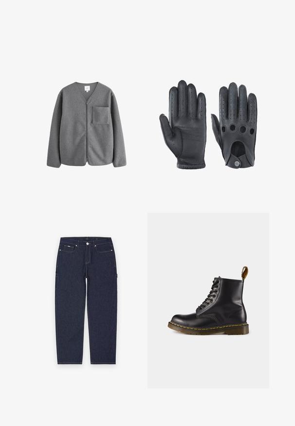 Gray fleece jacket with a V-neck design, front zipper, and a chest pocket. Features soft texture and relaxed fit.; White short-sleeve t-shirt made of cotton, featuring a crew neckline and a smooth texture, with a straight cut and no patterns.; Dark blue denim cargo pants with a straight cut, featuring visible yellow stitching, front and side pockets, and a metal button closure.; Black leather ankle boot with yellow stitching, lace-up front, rounded toe, and a textured rubber sole. Features a pull tab at the back.; Black leather gloves with a textured finish, featuring perforations on the back and a cut-out at the wrist with a snap closure.