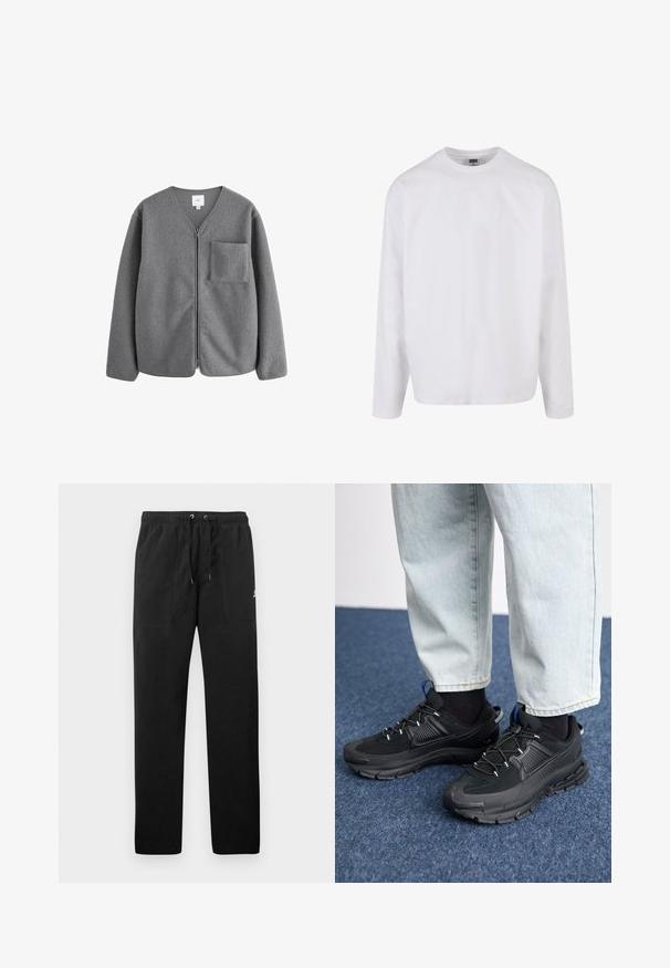 Graue Fleecejacke mit V-Ausschnitt-Design, frontalem Reißverschluss und Brusttasche. Besitzt eine weiche Textur und einen entspannten Schnitt.; Langärmliges weißes Baumwoll-T-Shirt mit rundem Ausschnitt, lässiger Passform und ohne sichtbare Muster oder Akzente. Glatte Textur.; Schwarze Sweatpants aus Fleece, mit einem elastischen Bund mit Kordelzug, zwei Fronttaschen und einem kleinen Logo auf dem Oberschenkel.; Schwarze Sportschuhe aus strukturiertem Stoff mit Gummisohlen, ausgestattet mit elastischen Schnürsenkeln und einem blauen Akzent an der Ferse. Getragen mit hellen Jeans.