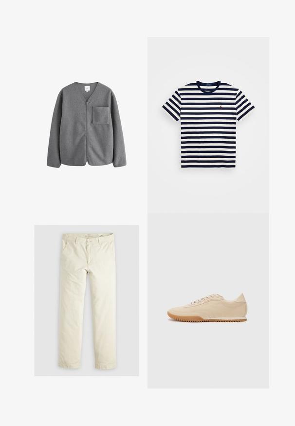 Siva flis jakna z V-izrezom, sprednjim zadrgo in žepom na prsih. Ima mehak teksturo in sproščen kroj.; Modra in bela črtasta majica s kratkimi rokavi iz bombaža, s krojnim ovratnikom in majhnim rdečim vezenim logotipom na prsih.; Svetlo bež hlače širokega kroja s tremi žepi, zankami za pas in ravnim krojem. Narejene so iz mešanice mehkega bombaža.; Bež semiš čevlji z aerodinamičnim dizajnom, ki imajo teksturirano zgornji del, zaobljen toe in gumijast podplat z zigzag vzorcem.