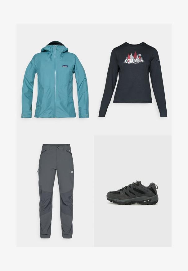 Jachetă impermeabilă verde-albastră cu glugă, fermoar frontal și patch cu logo. Prezintă o textură netedă și mâneci ajustate cu manșete reglabilă.; Cămașă cu mâneci lungi de culoare gri închis, cu un grafic de copaci roșii și munți; logo-ul "COLUMBIA" în text alb îngroșat. Material moale, guler standard de tip crew.; Pantaloni de exterior gri închis cu jerseuri întărite la genunchi, buzunare laterale și frontale cu fermoar, închidere cu nasture și logo-ul The North Face pe coapsă.; Columbia REDMOND - Pantofi drumeție - black/citron haze
