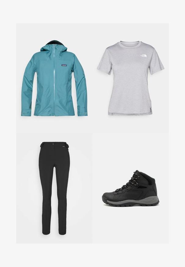 Zöldeskék vízálló dzseki kapucnival, cipzáras elejével és logóval ellátott folttal. Jellemzője a sima textúra és a feszes ujjak állítható mandzsettákkal.; Szürke, rövid ujjú póló, puha, nedvességet elvezető anyagból készült. Kerek nyakú, és egy kis fehér logó található a bal felső részen.; Fekete, testhezálló nadrág rugalmas anyagból. Jellemzők: cipzáras oldalzseb, artikulált térdek és sima felület.; Fekete túracipő közepes magasságú kialakítással, texturált felsőrésszel, szürke részletekkel és strapabíró gumitalppal, amelynek tapadós kiemelkedései vannak.