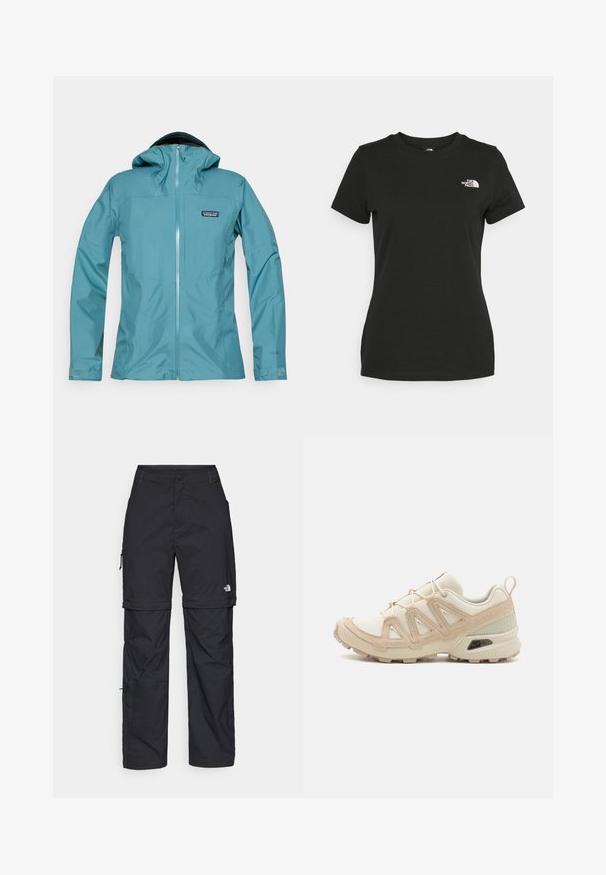 Zöldeskék vízálló dzseki kapucnival, cipzáras elejével és logóval ellátott folttal. Jellemzője a sima textúra és a feszes ujjak állítható mandzsettákkal.; Fekete pamut póló, klasszikus nyakkivágással és rövid ujjakkal. Figyelemre méltó fehér logó a bal felső oldalon. Sima textúra, laza fazon.; Fekete nylon zipzáras cargo nadrág állítható mandzsettával, több zsebbel és logóval a jobb lábon. Simább, könnyű textúra.; Beige és krém színű sportcipő, texturált hálós felsőrésszel, támogató burkolattal és gumitalppal, amely tapadás érdekében bordázott mintázattal rendelkezik.