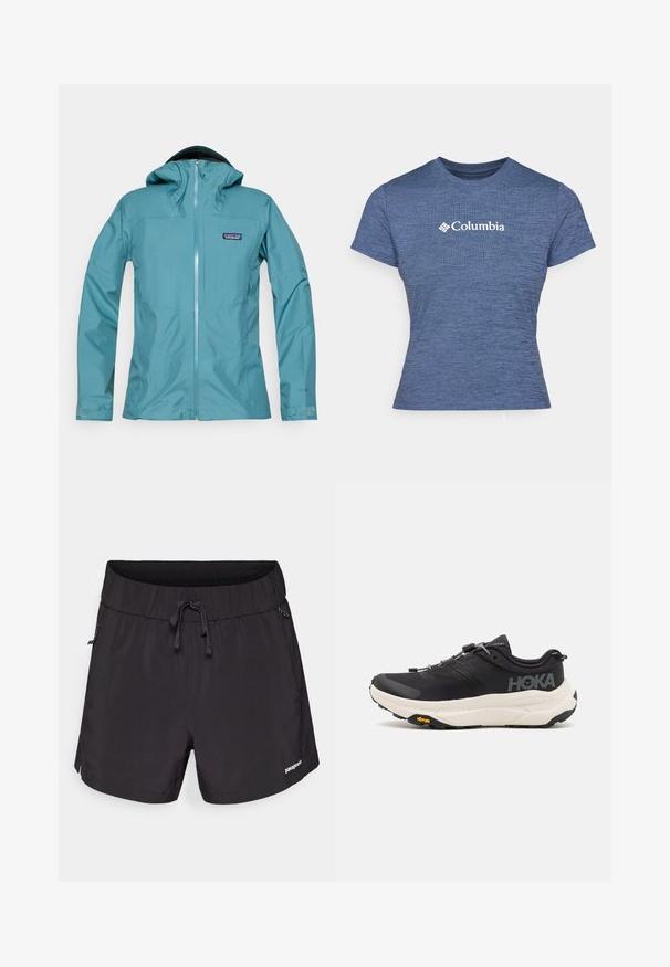 Teal vanntett jakke med hette, glidelås foran og logo-lapp. Har en jevn tekstur og tettsittende ermer med justerbare mansjetter.; Blå kortermet t-skjorte laget av teksturert stoff, med en hvit Columbia-logo på brystet, rund hals og tettsittende design.; Sorte svømmedrakter laget av lett materiale, med elastisk midje, snøring og sidelommer for funksjonalitet.; Sorte joggesko med et pustende mesh-overdel, gummisåle, hvit dempemellomsåle og reflekterende lisser. Vibram-logo på sålen.