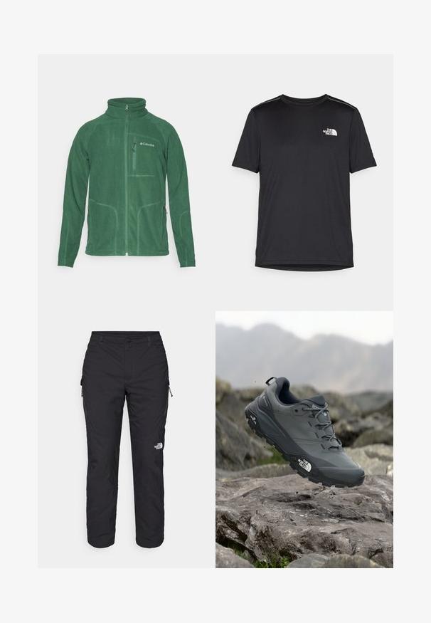 Zelena flis jakna s visokim ovratnikom, prednjim patent zatvaračem i bočnim džepovima. Sadrži teksturirani materijal i kontrastne detalje šivanja.; Crna majica kratkih rukava izrađena od lagane tkanine. Ima mali bijeli logo na lijevoj strani grudi i suptilne naglaske na ramenima.; The North Face WINTER EXPLORATION TAPERED CARGO - Hlače za otvoreno - black; Sive trail trkačka cipela s teksturiranim gornjim dijelom, izdržljivom gumenom potplatom i ojačanim vrhom. Ima vezice i logotip branda sa strane.