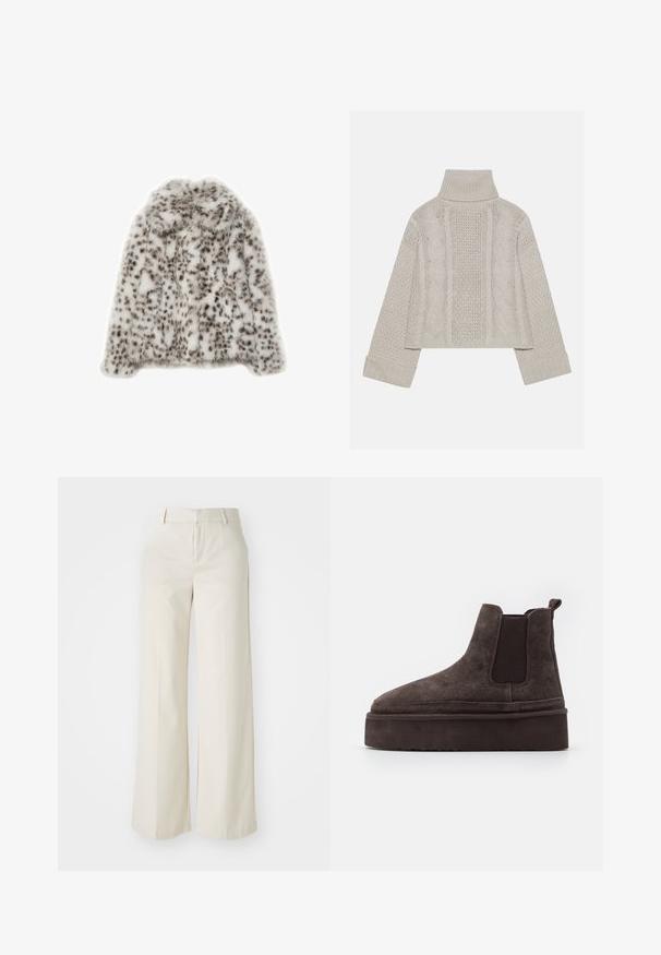 Béžová kožešinová bunda s bílými leopardími skvrnami, vyznačující se měkkou texturou, kulatým výstřihem a dlouhými rukávy. Bez viditelných zapínání.; Zkrácený svetřík v světle šedé barvě z pleteniny s vysokým límcem a žebrovanými manžetami, se strukturovanými kabelovými vzory na zádech a bocích.; Kalhoty s širokými nohavicemi v jasně béžové barvě, vyrobené z hladkého materiálu. Mají klasický pas a plochý přední díl s čistými liniemi.; Hnědé semišové Chelsea boty s elastickými bočními panely a silnou, texturovanou platformovou podrážkou. Obsahují poutko na patě pro snadné obouvání.