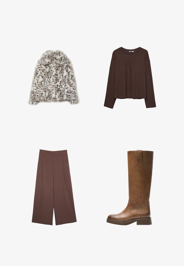 Nepbont jasje in het wit met zwarte luipaardvlekken, met een zachte textuur, een ronde halslijn en lange mouwen. Geen zichtbare sluitingen.; Bruine trui met een relaxte pasvorm, geribbelde halslijn en lange mouwen. Glad materiaal met een ronde zoom en geen zichtbare patronen of accenten.; Bruine wijde broek met een gladde textuur, voorzien van een hoge taille en plooien aan de voorkant. De stof is lichtgewicht en valt losjes.; Bruine leren laars tot de knie met een ronde neus, gestructureerd oppervlak en een lage, gestapelde hak. Beschikt over een zijpaneel en een aantrektap aan de bovenkant.
