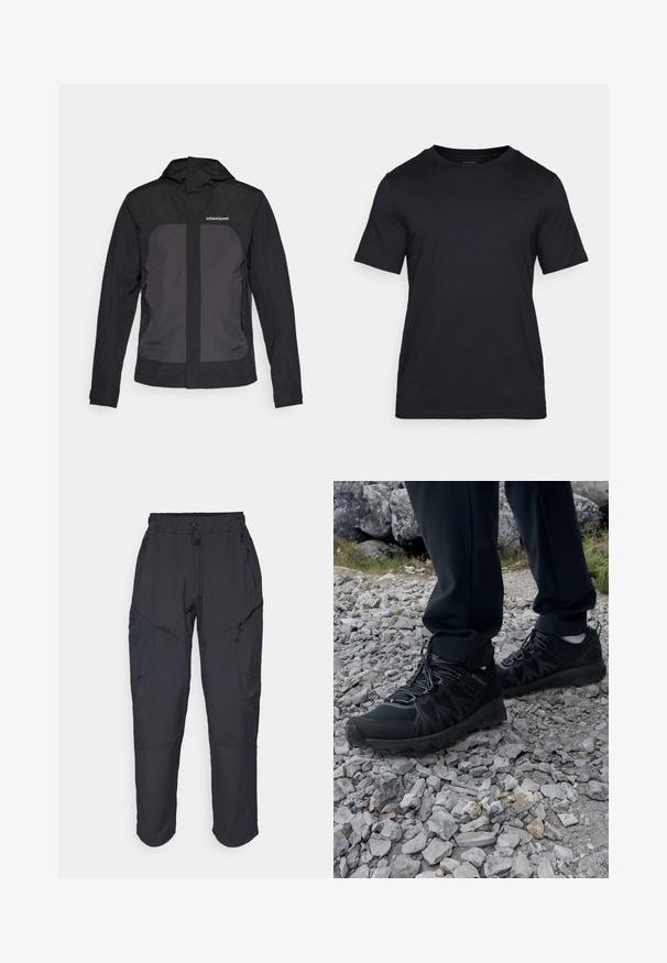 Mustaa vettä hylkivä takki hupulla, jossa on kontrastivärinen harmaa etupaneeli, vetskareilla varustetut sivutaskut ja logo vasemmassa rinnassa.; Mustat T-paidat, jotka on valmistettu sileästä kankaasta, jossa on pyöreä kaula-aukko ja lyhyet hihat. Huomaamaton brändäys painettuna mustana rintaan.; Mustat cargo-housut, jotka on valmistettu kevyestä, vettä hylkivästä materiaalista; niissä on joustava vyötärö, useita vetoketjullisia taskuja ja kapenevat lahkeet.; Mustat ulkokengät, joissa on verkko- ja synteettinen materiaali, teksturoitu päällinen, varma nauhoitusjärjestelmä ja kestävä pohja kivikkoisella maastolla.