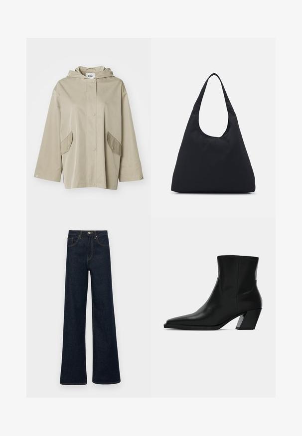 Beige hooded jacket made of smooth material with snap front closure and two angled pockets. Features wide sleeves and a relaxed fit.; White cable-knit turtleneck sweater with a cropped silhouette, featuring ribbed cuffs and hem. Soft texture with a cozy, chunky design.; Dark blue wide-leg denim jeans with front pockets, belt loops, and a button closure.; Black leather ankle boot with a pointed toe, a sleek silhouette, and a chunky square heel. Smooth texture with minimal stitching details.; Black fabric bag with a single, wide shoulder strap. Soft, semi-structured shape and smooth texture; minimal design, without visible hardware.