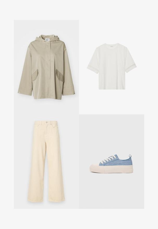 Sima anyagból készült bézs kapucnis dzseki, nyomógombos elülső záródással és két ferde zsebbel. Széles ujjak és laza szabás jellemzi.; Fehér, rövid ujjas póló, pamutból készült, díszes csipkés szegéllyel az ujjak mentén és kerek nyakkivágással.; Bézs, széles lábú farmernadrág, pamutból készült. Gombos záródással, övhurkokkal és elülső zsebekkel rendelkezik, sima, puha tapintással.; Világoskék vászon sportcipők, krémszínű gumitippel és talppal, fehér fűzőkkel és egy húzófüllel a sarkán.