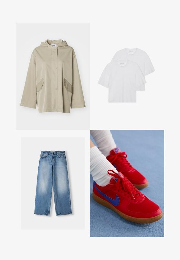 Beige gewatteerde jas met capuchon gemaakt van glad materiaal, met drukknopen aan de voorkant en twee schuine zakken. Beschikt over brede mouwen en een ontspannen pasvorm.; Witte katoenen t-shirts, ronde hals, korte mouwen, iets losse pasvorm, gladde textuur, tweepack, minimalistisch ontwerp.; Lichtblauwe jeans met een relaxte pasvorm, wijde pijpen en vervaagde delen. Gemaakt van denim met een klassiek vijf-vakken ontwerp en een sluitknop aan de bovenkant.; Rode sportieve schoenen van synthetisch materiaal met blauwe accenten en een gumzool. Voorzien van veters en een logo op de tong.