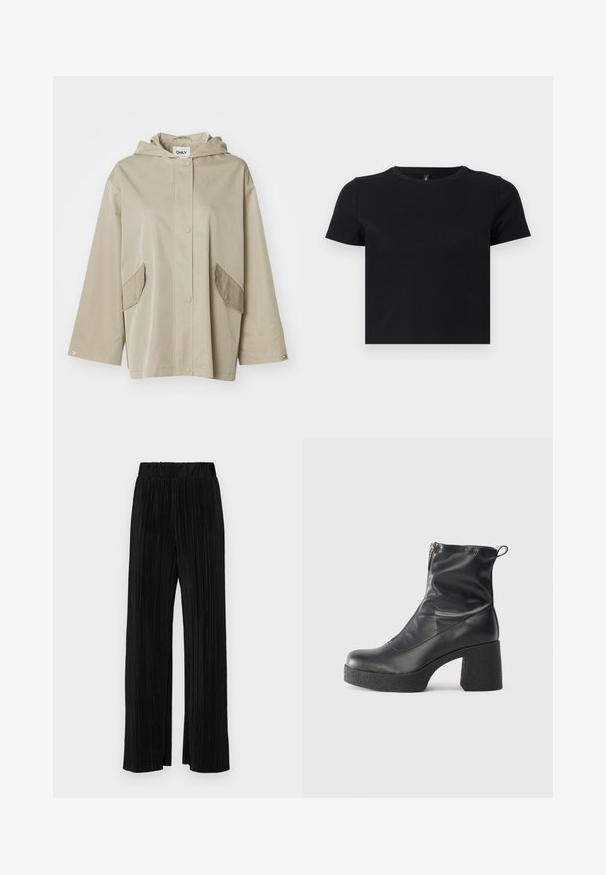 Gaišbrūna kapuce jaka, kas izgatavota no gludas materiāla, ar pogu aizdari priekšpusē un divām slīpām kabatām. Iezīmē plašas piedurknes un brīvu piegriezumu.; Melnas īsām piedurknēm T-krekls, kas izgatavots no mīkstas kokvilnas. Ievietota apaļa kakla izgriezums un pieguļošs dizains. Gluda tekstūra bez rakstiem vai akcensiem.; Melni plīšu bikses ar elastīgu jostu. Tām ir platākas kājas un gluda, teksturēta auduma ar vertikālām svītrām.; Melni potītes zābaki, kas izgatavoti no gludas ādas, ar sānu rāvējslēdzēju, masīvu strukturētu papēdi un noapaļotu purngalu.