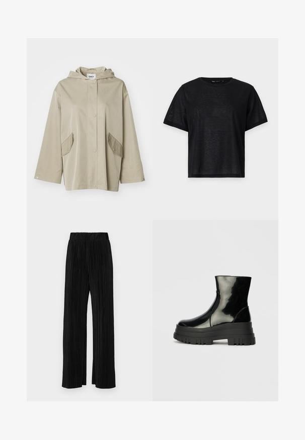 Beež huppari, mis on valmistatud siledast materjalist, klõpsuga ees ja kahe nurga all oleva taskuga. Omab laia varrukat ja lõdva istuvust.; Must musta lühikese varrukaga T-särk, millel on vabalt langev lõige, sile tekstuur ja ümmargune kaelus. Kerge kangas, millel on kerge sära.; Mustad pleekitud püksid elastse vöökohtaga. Omavad laiad jalad ja sujuvat, tekstureeritud kangast vertikaalsete triipudega.; Must mustakate läikiv ankle boot paksu lõkkeka üle ja ümarate varvastega, külgvaates halli ühtlase taustal.