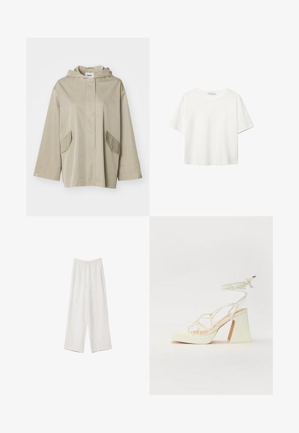 Beige hættejakke lavet af glat materiale med trykknap lukning foran og to skrå lommer. Har brede ærmer og en afslappet pasform.; Hvid kortærmet t-shirt lavet af bomuld. Har en rund halsudskæring og en afslappet pasform. Glat tekstur uden synlige mønstre eller detaljer.; Hvide bukser med bred benlængde lavet af et letvægtsstof. Har et elastisk talje med snor og sidelommer. Glat tekstur.; Hvide højhælede sandaler med en kraftig hæl, der har et stropdesign og ankelbinding. Glat tekstur med en platform foran for ekstra højde.