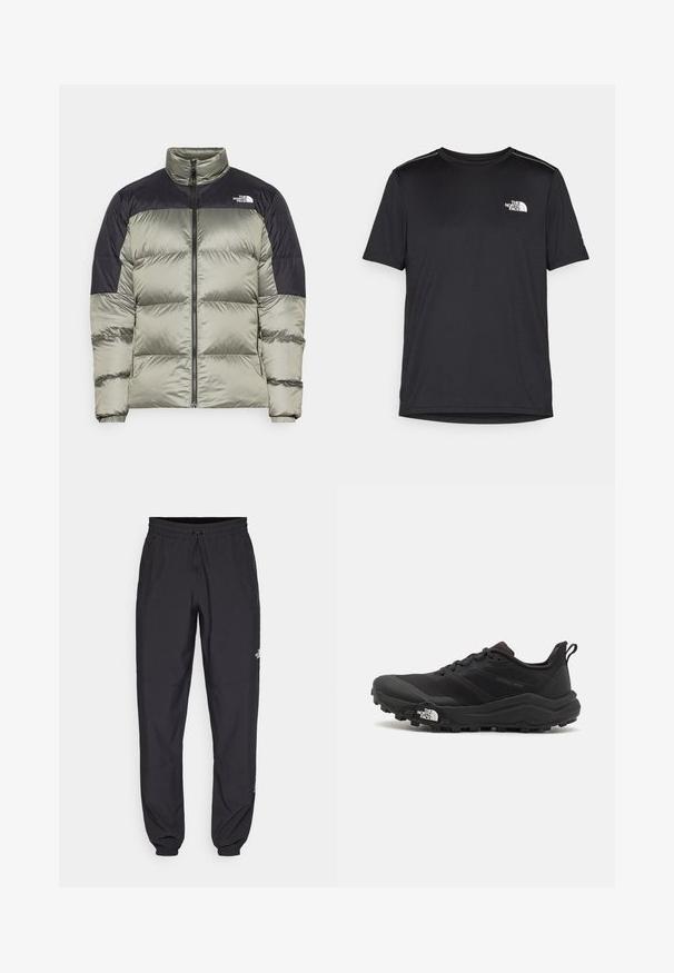 Casaco acolchoado em verde oliva e preto, com fecho de correr, gola alta e seções acolchoadas para isolamento. Logótipo no peito.; T-shirt preto de manga curta feito de um tecido leve. Apresenta um pequeno logo branco ao lado esquerdo do peito e detalhes subtis nos ombros.; Calças atléticas pretas feitas de tecido leve, com um cós ajustável por cordão, bolsos laterais e punhos afunilados nos tornozelos.; Sapatilha de trail running preta com um upper texturizado, sola de borracha e biqueira reforçada. Possui um colarinho acolchoado e uma alça para facilitar o calçar.