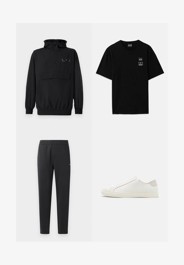 Melnas vilnas jaka ar kapuci, ar pusi rāvējslēdzēja, elastīgām piedurknēm un jostasvietu. Iekļauj priekšējo kabatu un apdrukātu logotipa detaļu uz krūtīm.; Melnas kokvilnas T-krekls ar īsām piedurknēm, apaļo kakla izgriezumu un nelielu logotipa birku priekšpusē ar baltiem apzīmējumiem par kopšanu.; Melni sporta bikses, kas izgatavotas no mīkstas auduma, ar elastīgu jostasvietu, taisnām kājām un nelielu logotipa detaļu sānos.; Balti ādas sporta apavi ar gludu virsmu, noapaļotu purngala daļu un minimālistisku dizainu. Iezīmējas ar bežām akcentiem uz papēža un gumijas zoli.