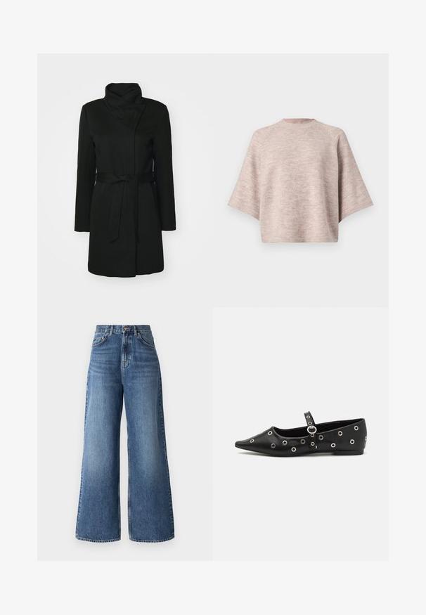 Palton negru dintr-un amestec de lână, cu guler pliat, mâneci lungi și talie marcată cu o curea. Textură netedă, cu detalii minime.; Pulover oversized de culoare roz deschis, cu un guler rotund, mâneci lejere și o textură moale, tricotată. Fără modele vizibile sau detalii metalice.; Jeans evazate cu talie înaltă, fabricate din denim de culoare bleu deschis, având un design clasic cu cinci buzunare și o ușoară decolorare pe picioare.; Pantofii din piele neagră, cu vârf ascuțit, prezintă eyelets decorative din argint și o curea ajustabilă în jurul gleznei.