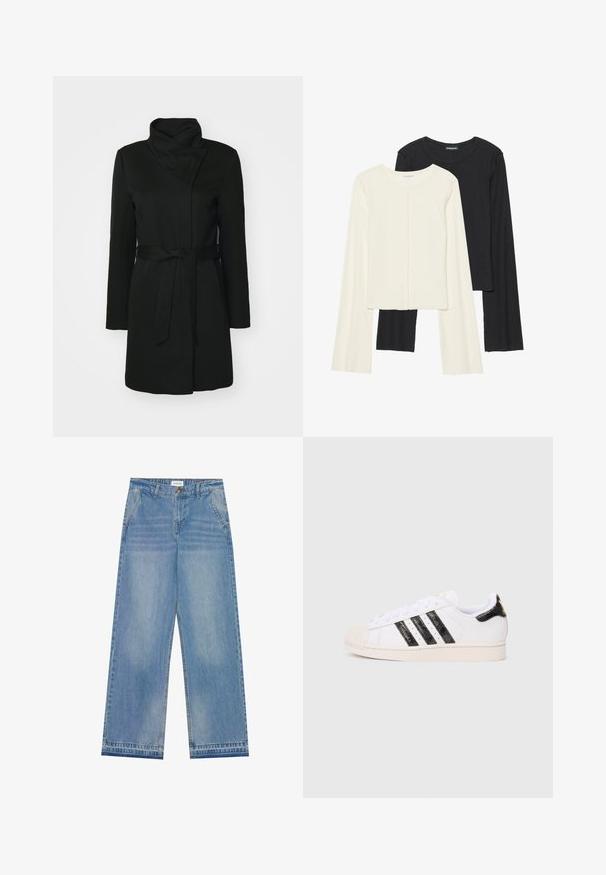 Manteau noir en mélange de laine, avec un col rabattu, des manches longues et une taille ceinturée. Texture lisse avec un minimum de détails.; Ensemble de deux hauts à manches longues en blanc et noir. Texture côtelée, col rond, design ajusté avec des manches légèrement évasées.; Jean large taille haute bleu clair avec fermeture à bouton, poches avant, passants de ceinture et détails légèrement décolorés.; Baskets blanches avec des rayures et accents texturés noirs ; elles disposent d'un renfort en caoutchouc sur l'orteil, de lacets plats et d'un rembourrage autour de la cheville.