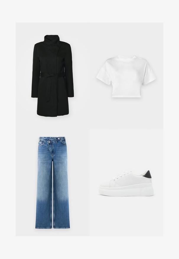 Zwarte jas van wolblend, met een geklapt kraag, lange mouwen en een ceintuur in de taille. Gladde textuur met minimale details.; Witte cropped t-shirt van katoen. Korte mouwen, ronde halslijn, gladde textuur, casual ontwerp zonder patronen of versieringen.; Lichtblauwe wijde jeans met een vervaagde wassing, voorzien van een klassieke vijf-pocketontwerp en metalen knoopaccenten bij de taille.; Witte platform sneakers van glad synthetisch materiaal, met een afgeronde neus, vetersluiting en een gestructureerde rubberen zool. Zwarte hielaccent.