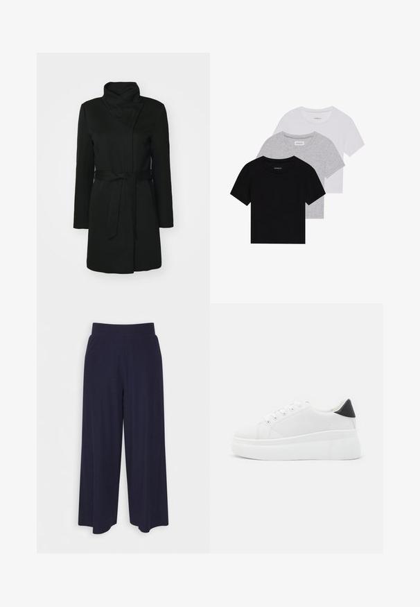 Schwarzer Mantel aus einer Wollmischung, mit umgeschlagenem Kragen, langen Ärmeln und einem Taillengürtel. Glatte Textur mit minimalen Details.; Set aus drei kurzärmeligen T-Shirts in Schwarz, Grau und Weiß. Hergestellt aus Baumwolle, mit Rundhalsausschnitt und einem einfachen, einfarbigen Design.; Weit geschnittene Hosen aus dunkelnavy Stoff mit strukturiertem Rippendesign. Merkmale sind ein glatter Hosenbund und eine luftige Silhouette, die bis zur Mitte der Wade reicht.; Weiße Plateausneaker aus glattem Kunstmaterial, mit runder Zehenform, Schnürdesign und einer strukturierten Gummisohle. Schwarzer Fersenakzent.