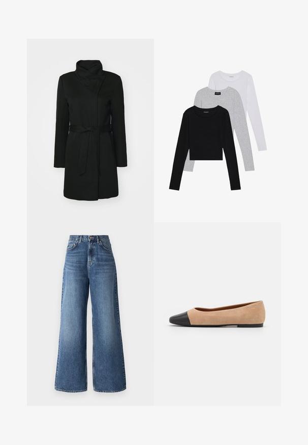 Crni kaput od vune, s preklopljenim okovratnikom, dugim rukavima i pojasom u struku. Glatka tekstura s minimalnim detaljima.; Tri dugih rukava posložena: crna, siva i bijela. Svaka ima okrugli izrez i skrateni kroj s glatkom, laganom tkaninom.; Traperice s visokim strukom i širokim nogavicama od svijetloplavog denima, s klasičnim dizajnom s pet džepova i suptilnim izbljeđivanjem duž nogavica.; Bež balerinke od suede materijala s crnim kožnim zaobljenim vrhom, niskom potpeticom i glatkom površinom, s minimalnim šavovima i čistim dizajnom.