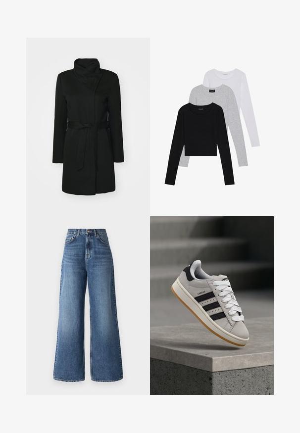 Black coat made of wool blend, featuring a folded collar, long sleeves, and a belted waist. Smooth texture with minimal detailing.; Three long-sleeve tops stacked: black, grey, and white. Each has a round neckline and a cropped design with smooth, lightweight fabric.; High-waisted wide-leg jeans made of light blue denim, featuring a classic five-pocket design and subtle fading along the legs.; adidas Originals CAMPUS 00S W - Trainers - crystal white/core black/off white