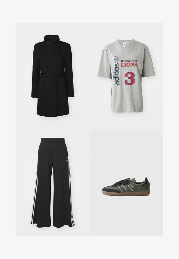 Čierny kabát vyrobený z vlnenej zmesi, s preloženým golierom, dlhými rukávmi a opaskom v páse. Hladká textúra s minimálnym zdobením.; Šedé bavlnené tričko s logom "adidas", textom "KINGSTON LIONS" v červenej a čiernej farbe a veľkou červenou grafikou "3" na prednej strane. Krátke rukávy.; Čierne široké teplákové nohavice s elastickým pásom, so bielymi bočnými prúžkami a výšivkou loga na ľavom stehne.; adidas Originals SAMBA OG - Tenisky - core black/legend earth/gum