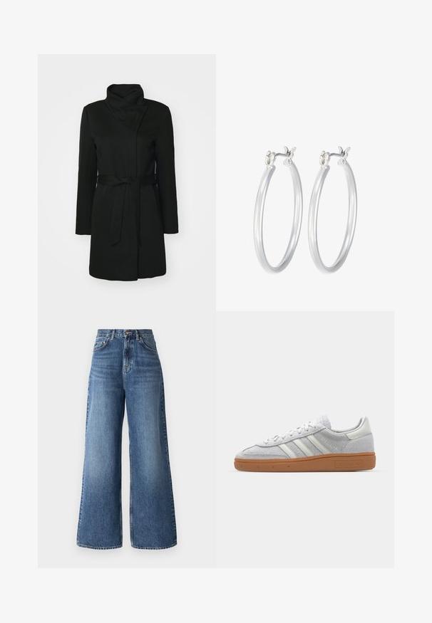 Melnas vilnas maisījuma jaka ar salocītu apkakli, garām piedurknēm un jostu viduklim. Gluda tekstūra ar minimālu apdari.; Divi bezpiedurkņu topi melnā un baltā krāsā. Izgatavoti no mīksta, elastīga auduma ar ribotu tekstūru un pieguļošu piegriezumu. Iekļauj šauras siksnas.; Augstās jostas vidukļa plašās bikses, kas izgatavotas no gaiši zilas denim auduma, ar klasisku piecu kabatu dizainu un vieglu izbalēšanu gar kājām.; Gai pelēki zamšīgās kedas ar baltām ādas detaļām, trim baltām līnijām un brūnu gumijas zoli, ar mīkstinātu apkakli komforta nodrošināšanai.; Sudraba riņķveida auss gredzeni ar gludu, pulētu apdari. Apaļa forma un drošs klikšķa augšējais slēgums. Viegls dizains, kas piemērots ikdienas valkāšanai.