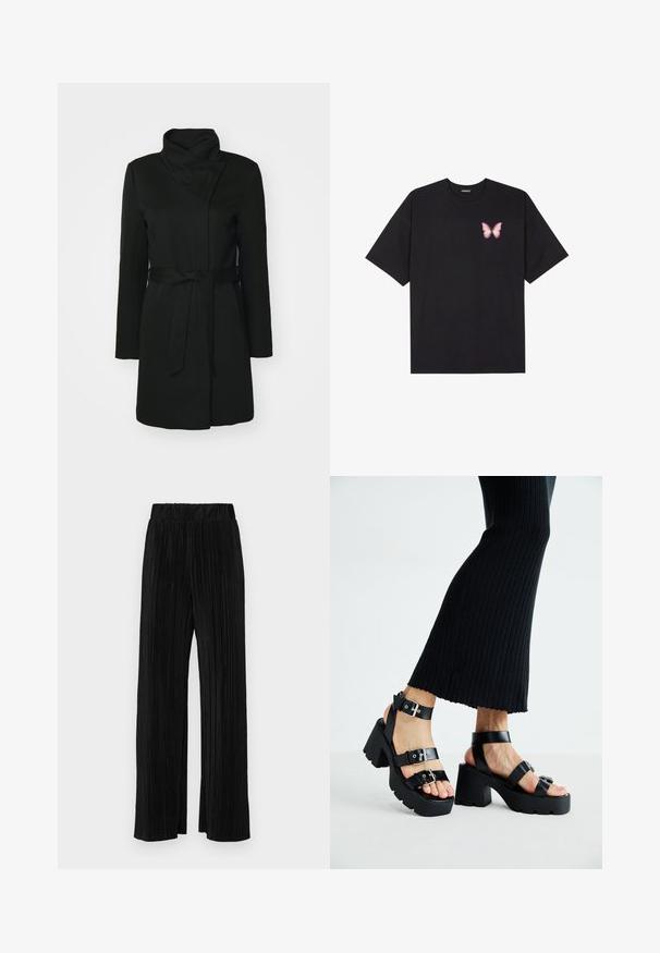 Juodas vilnos mišinio paltas, su sulankstomu koloriumi, ilgomis rankovėmis ir dirželiu juosmenyje. Lygus tekstūra su minimaliais detalėmis.; Juodas medvilnės marškinėliai trumpomis rankovėmis, su maža rožine drugelio grafika kairėje krūtinės pusėje. Apvalus kaklo iškirpimas, laisvas kirpimas.; Juodi plisuoti kelnės su elastine juosta. Turėkite plačias kojas ir glotnų, tekstūrinį audinį su vertikaliais dryžiais.; Juodos platformos sandalai su storais, gilių rašto padais ir keliais dirželiais, su metaliniais sagtelėmis ir glotnia oda primenančia tekstūra.