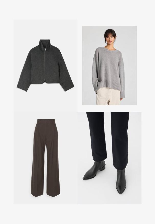 Chaqueta de lana gris, cortada, con cuello alto y cremallera frontal. Presenta mangas anchas y un diseño limpio y minimalista. Textura suave.; Suéter gris de punto con un ajuste relajado, cuello redondo, puños y dobladillo acanalados. Textura suave con un sutil patrón de tejido. Combinado con pantalones claros.; Pantalones de pierna ancha de color marrón oscuro con cintura alta, que presentan pliegues bien marcados, una textura suave y un ajuste a medida.; Botas negras de cuero hasta el tobillo con punta afilada, tacón cuadrado y paneles laterales texturizados, combinadas con pantalones oscuros contra un fondo blanco.