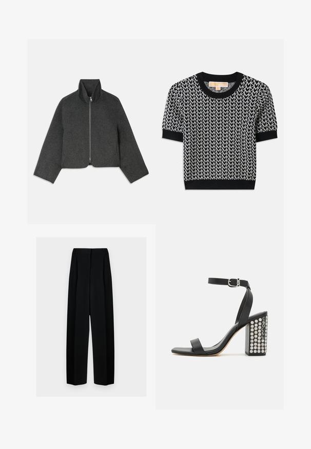 Korte, grijze wollen jas met hoge kraag en voorrits. Voorzien van brede mouwen en een strak, minimalistisch ontwerp. Zachte textuur.; Zwart kortelfsweater met een geweven pijlpatroon in het wit. Geribbelde halslijn en manchetten, met een getailleerde vorm en zachte textuur.; Zwarte wijde broek met een hoge taille, met plooien en een gladde textuur. De stof lijkt lichtgewicht en valt elegant.; Zwarte leren haksandalen met een enkelbandje. Met een vierkante neus, een gladde textuur en een vierkante blokhak versierd met zilveren studs.