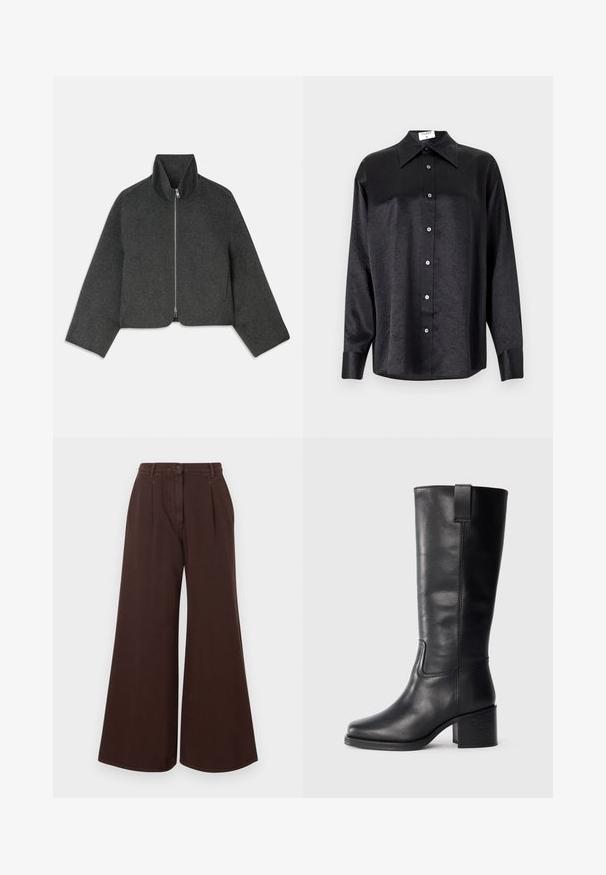 Skračená, šedá vlnená bunda s vysokým golierom a predným zipsom. Má široké rukávy a čistý, minimalistický dizajn. Mäkká textúra.; Čierna košeľa s dlhým rukávom a golierom, s pokrčenou textúrou, plne gombíkovou prednou časťou a manžetami. Vyrobená z hladkého materiálu.; Hnedé nohavice so širokými nohavicami a vysokým pásom, so zapínaním na gombík a zips, pútkami na opasok a prednými skladmi.; Čierne kožené čižmy po kolená so hladkou textúrou, štvorcovou špičkou, blokovým podpätkom a bočným úchytom, s minimálnymi švami.