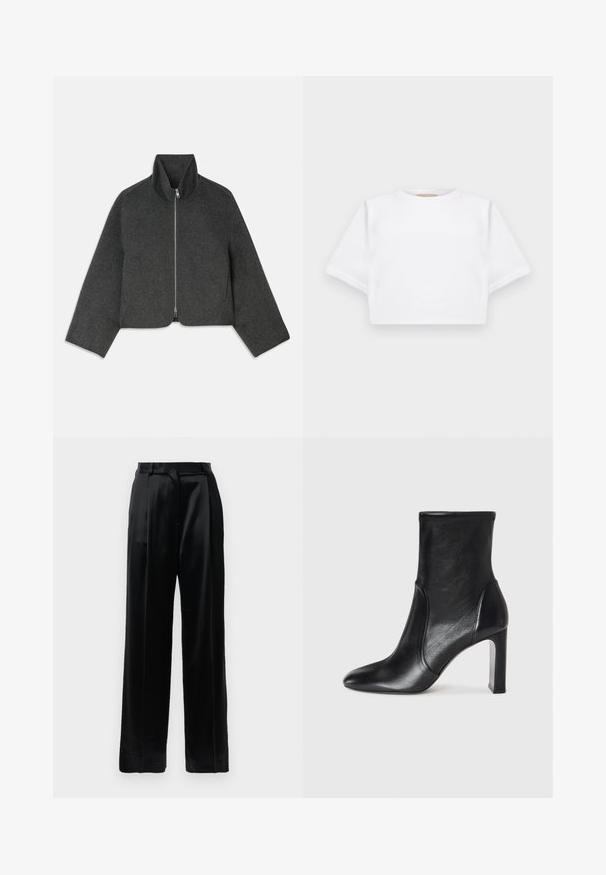 Kratki sivi vuneni sakoi s visokim ovratnikom i prednjim patentnim zatvaračem. Ima široke rukave i čist, minimalistički dizajn. Mekana tekstura.; Skraćena bijela majica od mekog materijala, s kratkim rukavima, okruglim izrezom i rebrastim detaljima na rubu. Jednostavan i neukrašen dizajn.; Crne satenske hlače visokog struka s ravnim širokim nogavicama, petljama za remen i ravnim prednjim zatvorenjem na jednostavnoj bijeloj pozadini.; Crna kožna čizme do gležnja s elegantnim dizajnom, šiljastim prstom i visokim blok-hilom. Ima glatku teksturu i minimalističke detalje šivanja.