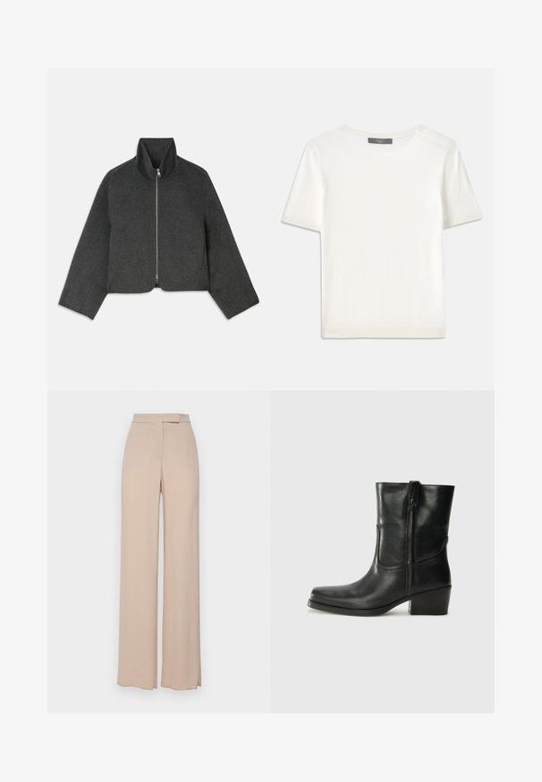 Cropped, gray wool jacket with high collar and front zipper. Features wide sleeves and a clean, minimalist design. Soft texture.; White short-sleeve knit top with a round neckline, featuring a smooth texture and subtle ribbed accents at sleeves and hem.; Beige wide-leg trousers made from a lightweight fabric. Features a smooth texture, front pockets, and a subtle waistband design.; Black leather ankle boot with a rounded toe, block heel, side zipper, and stitching accents on the vamp. Smooth texture, classic design.