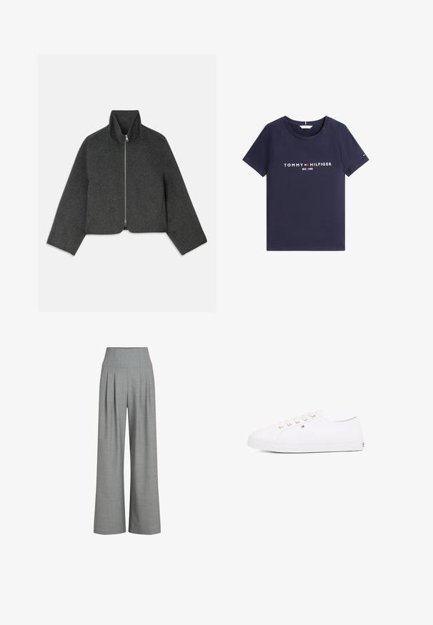 Giacca corta in lana grigia con colletto alto e zip frontale. Presenta maniche ampie e un design pulito e minimale. Texture morbida.; T-shirt blu navy a maniche corte con scollo rotondo e scritta bianca "Tommy Hilfiger EST. 1985" con logo sul davanti.; Pantaloni a gamba larga grigi plissettati con vita alta, realizzati in un tessuto testurizzato, caratterizzati da una finitura liscia e linee pulite.; Sneaker bianco in tela con occhielli dorati, lacci piatti, suola in gomma strutturata e branding minimale sul lato. Design a profilo basso.