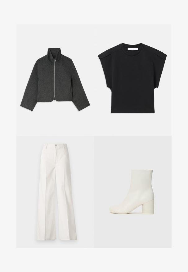 Skračená, šedá vlnená bunda s vysokým golierom a predným zipsom. Má široké rukávy a čistý, minimalistický dizajn. Mäkká textúra.; Čierny krátky rukáv top s okrúhlym výstrihom a detailmi na pleciach, položený na bielom pozadí.; Biele široké nohavice vyrobené z bavlny s hladkou textúrou. Obsahujú predný gombík, zips a dizajn so štyrmi vreckami.; Biele kožené členkové topánky s okrúhlou špičkou a robustným valcovým podpätkom. Hladká textura, minimalistický dizajn, žiadne viditeľné kovové prvky ani vzory.