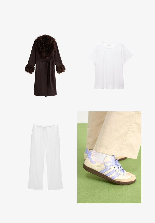Bruine buitenjas met een pluche bontkraag en bontafwerking op de mouwen. Voorzien van een riem, knopen en twee zijzakken. Gladde textuur.; Witte T-shirt van zacht, lichtgewicht stof. Heeft een ronde halslijn en korte, brede mouwen met een ontspannen pasvorm. Geen zichtbare patronen.; Witte wijde broekspunten gemaakt van zachte stof, met een elastische tailleband en een koord, en twee zijzakken. Eenvoudig en strak ontwerp.; Crème- en lavendel-sneakers met drie strepen en een gestructureerde bruine zool, voorzien van veters en een gewatteerde hiel. Zachte stoffen bovenkant.
