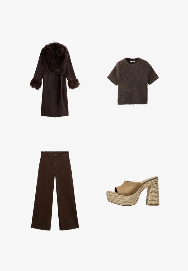 Bruine buitenjas met een pluche bontkraag en bontafwerking op de mouwen. Voorzien van een riem, knopen en twee zijzakken. Gladde textuur.; Korte mouwen, ronde hals top van een pluizig, textuurrijk materiaal. Kleur is donkerbruin met subtiele variaties. Eenvoudig, recht gesneden ontwerp.; Bruine wijde broek in katoenmix, met een rafelige zoom, sluiting met een knoop aan de voorkant en een klassieke vijf-pocketstijl. Minimalistisch en veelzijdig.; Bruine suède platform mules met een open teen, voorzien van een stevige gevlochten jute hak en een glad, rond ontwerp aan de bovenkant.