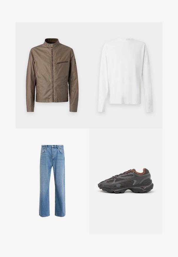 Belstaff WALKHAM - Light jacket - dark pumice; Long-sleeved white cotton shirt with a round neckline, side slits at the bottom, and a smooth texture, displayed from the back.; Light blue denim jeans with a straight-leg design, five pockets, button closure, minimal fading, and contrasting stitching details.; Lacoste sneakers in dark gray with mesh and synthetic material, featuring a textured sole and brown accents on the collar and branding.