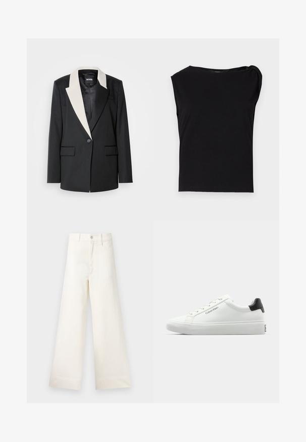 Schwarzer maßgeschneiderter Blazer mit einem kontrastierenden weißen Schalkragen, einem einzelnen Knopfverschluss und zwei Fronttaschen. Glatte Stoffstruktur.; Schwarzes kurzärmliges Oberteil aus glattem Stoff. Mit rundem Kragen und drapiertem Detail an der Schulter. Einfaches, figurbetontes Design.; Weite Hosen aus hellem beigen Baumwollstoff. Mit hoher Taille, vorderen Taschen und geradem Schnitt. Saubere Saumverarbeitung ohne Muster.; Weißer Sneaker mit glatter Oberfläche, schwarzem Absatz und Schnürdesign. Mit "Calvin Klein"-Branding an der Seite. Minimalistischer Stil.