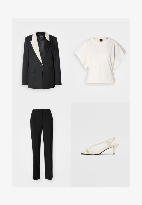 Črn usklajen blazer z kontrastnim belim šalom, enim gumbom za zapiranje in dvema sprednjima žepoma. Gladka tekstura tkanine.; Bela skrajšana majica s kratkimi širokimi rokavi, mehka bombažna tkanina, okrogla ovratnica z diskretnim oranžnim robom, minimalističen dizajn, brez vzorcev ali grafike.; Črne krojene hlače s direktnim krojem, ki se ponašajo z gladko teksturo in ostrimi pregibi spredaj. Ni vidne kovine.; Bež sandale z blok peto, tankimi trakovi in kvadratnim prstom. Gladek material z minimalnim okrasjem, zasnovan za enostavno nošenje.