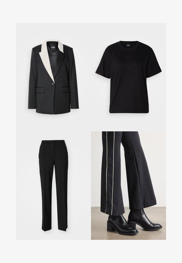 Sacou negru, croi pe măsură, cu o rever alb contrastant, închidere cu un singur nasture și două buzunare frontale. Textură de țesătură netedă.; T-shirt negru din bumbac, cu guler rotund, mâneci scurte și un logo brodat pe piept. Design simplu, cu o croială relaxată și fără modele.; Pantaloni negri tailor-ed cu un design drept, având o textură fină și cute clare pe față. Fără elemente de prindere vizibile.; Bocanci de piele negri până la gleznă, cu toc pătrat, având panouri elastice pe laterale. Asortați cu pantaloni negri care au o dungi albă pe lateral.